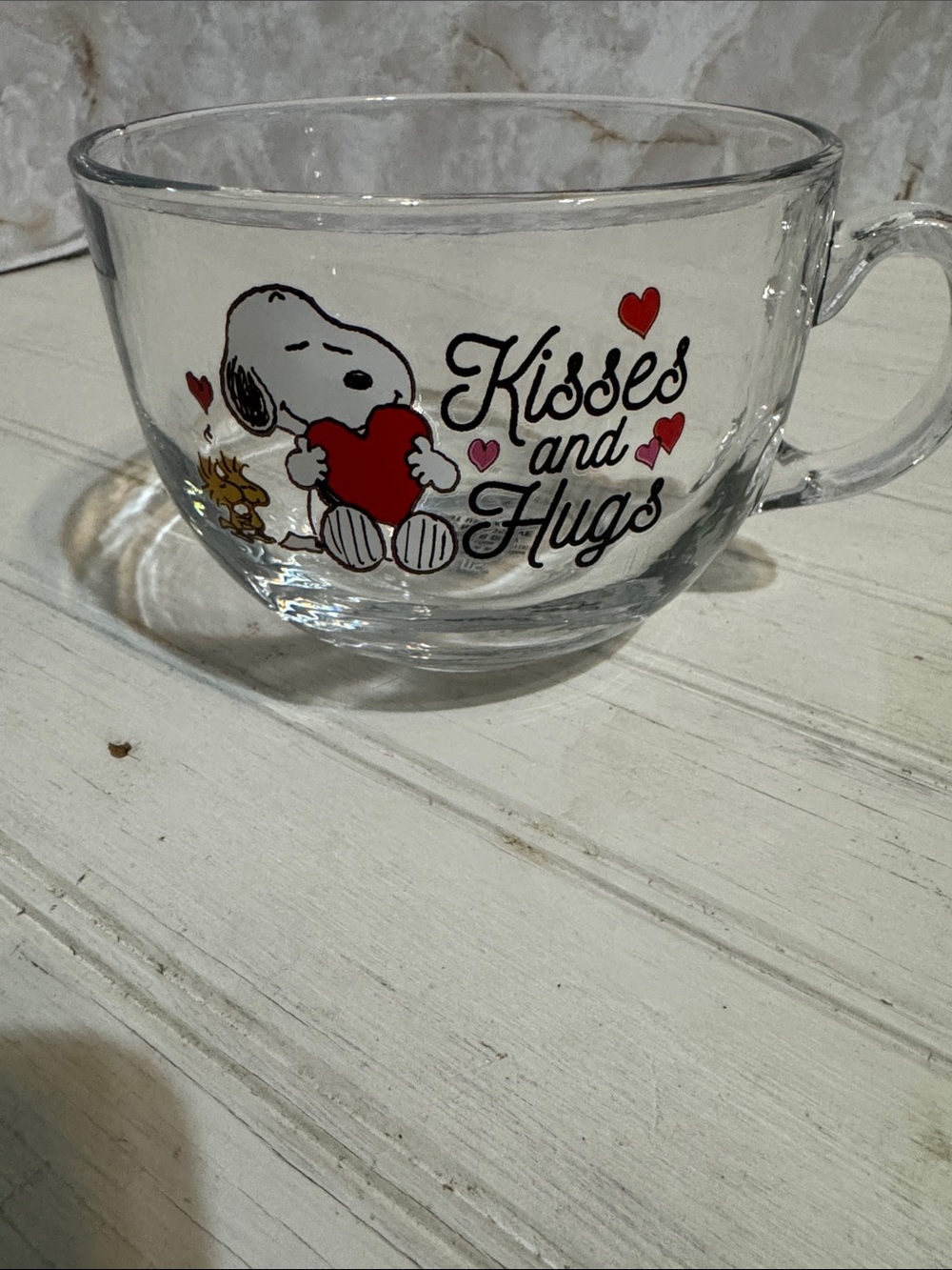 Peanuts Clear Glass 'Kisses and Hugs' Mug with Red Hearts